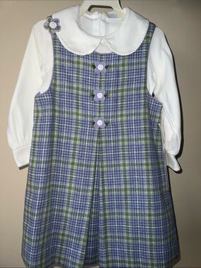 Florence Eiseman Blue and Green Plaid Dress with front pleat and floral appliqué